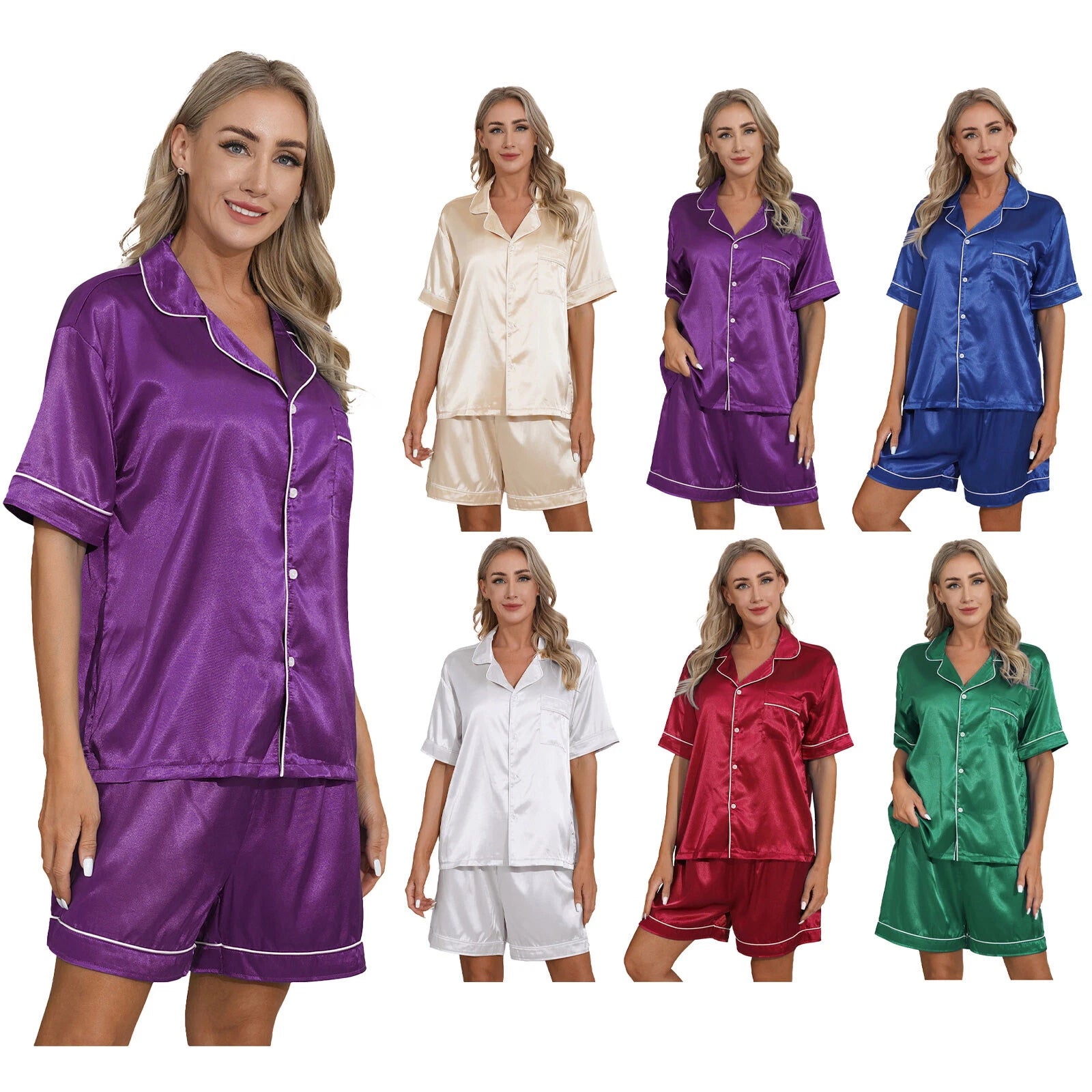 AU Womens Solid Satin Pajamas Set Tops with Shorts 2 Piece Sleepwear Loungewear