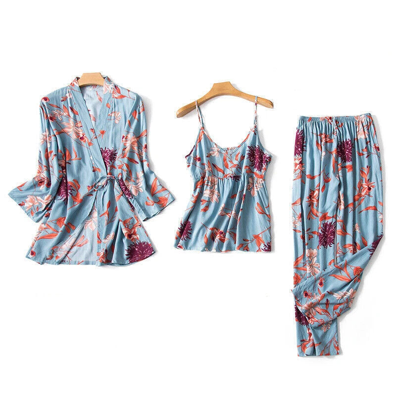 3PC Women Night Dress Silk-Cotton Pajama Sleepwear Long Robes Nightwear Gown Set