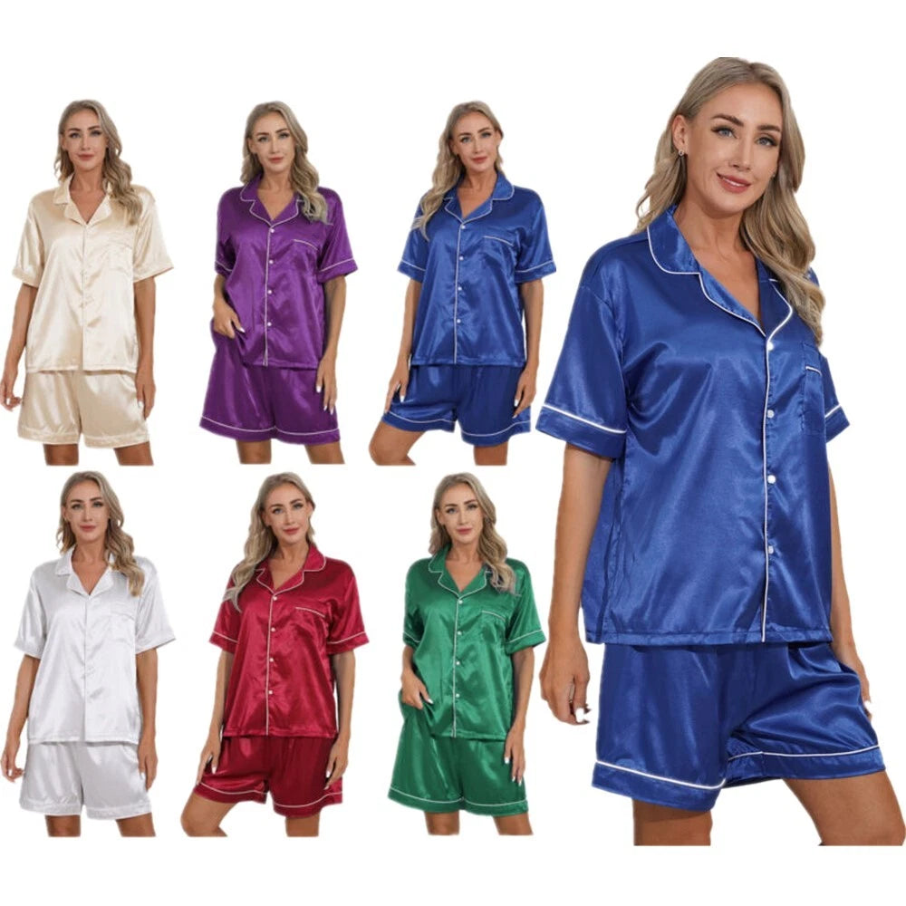 AU Women's Satin Pajamas Short Sleeve Top with Shorts Sleepwear Loungewear Set