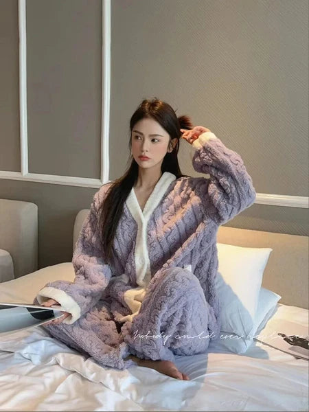 2pcs/Set Autumn and Winter Pajamas Women Thickened Padded Warm Students Girls