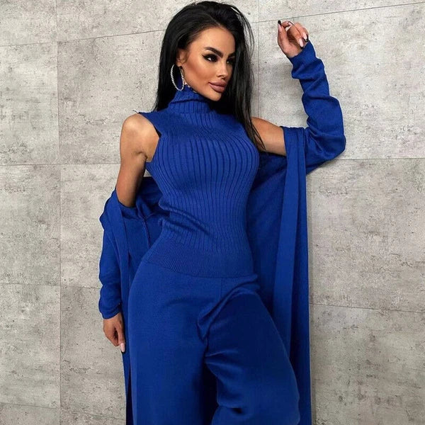 2023 Spring Knitted Women's Long Sleeved Cardigan+vest+long Pants Pajama Set