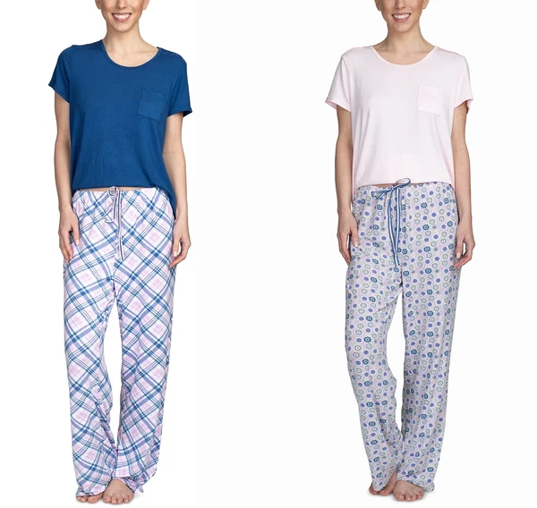 Hanes Women's 2pc super-soft lush luxe Pajama Set Blue Plaid, Pink/Geo L