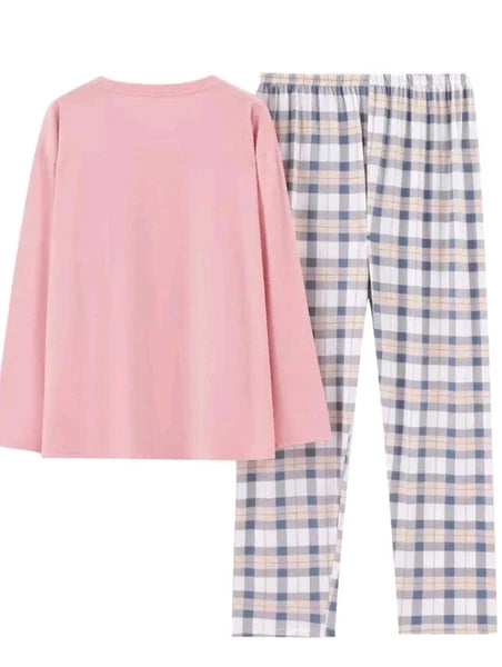 Plaid Print Crew Neck Pyjama Set Casual Long Sleeve Long Bottoms