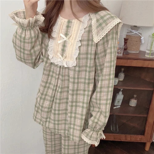 Lolita Princess Pajamas Set Women Loose Lacework Bow Tie Plaid Top Pants 2 Pcs
