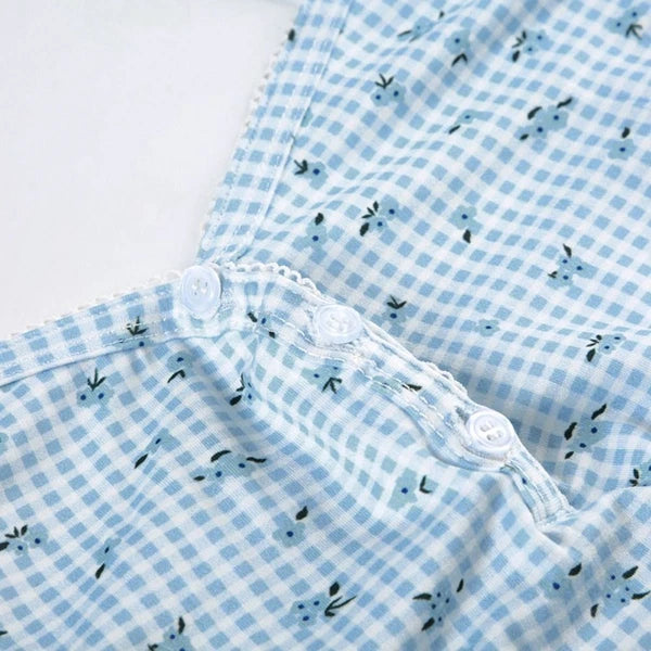 Floral Two Piece Sleepwear Plaid Summer Nightdress Women Summer-