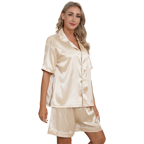 AU Womens Solid Satin Pajamas Set Tops with Shorts 2 Piece Sleepwear Loungewear