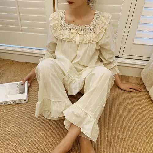 Lolita Flower Embroidery Lace Square Neck Pajama Set  Cotton Grey Pyjamas Set