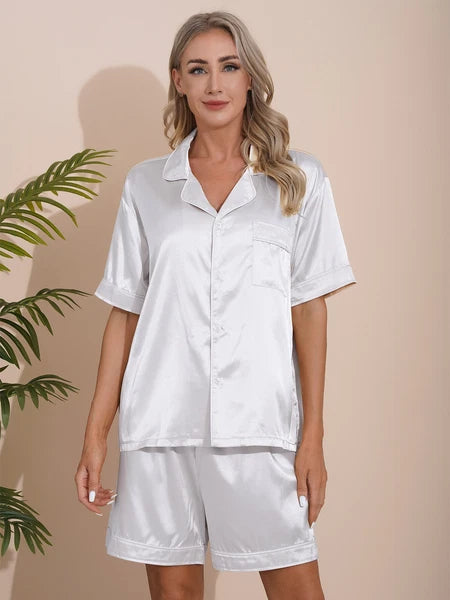 AU Womens Solid Satin Pajamas Set Tops with Shorts 2 Piece Sleepwear Loungewear