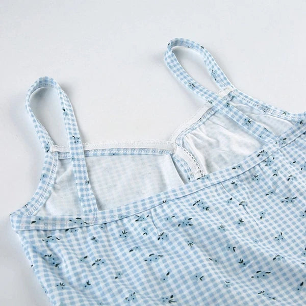 Floral Two Piece Sleepwear Plaid Summer Nightdress Women Summer-