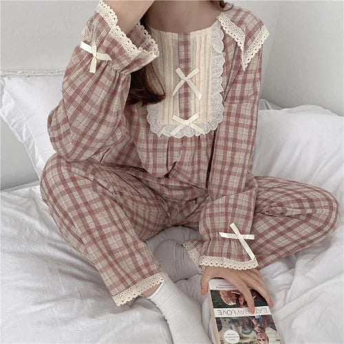 Lolita Princess Pajamas Set Women Loose Lacework Bow Tie Plaid Top Pants 2 Pcs