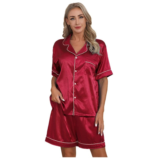AU Womens Solid Satin Pajamas Set Tops with Shorts 2 Piece Sleepwear Loungewear