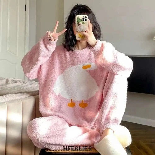 2024 Warm Flannel Pajamas for Women Sweet Velvet Thicken Loose Sleepwear Set