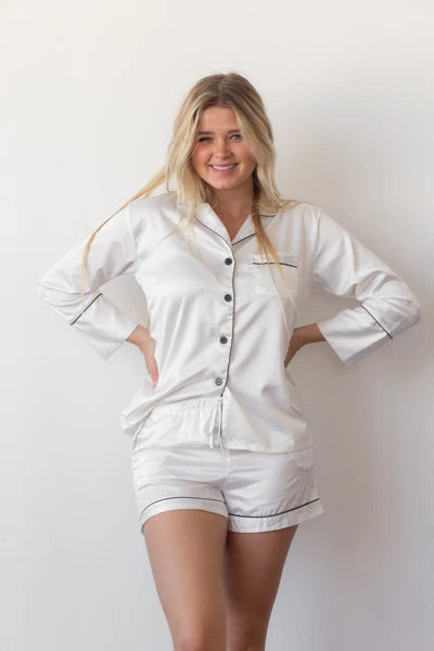 Satin Pajama Set 2 Piece Long Sleeve & Shorts Bridal Party Sleepwear