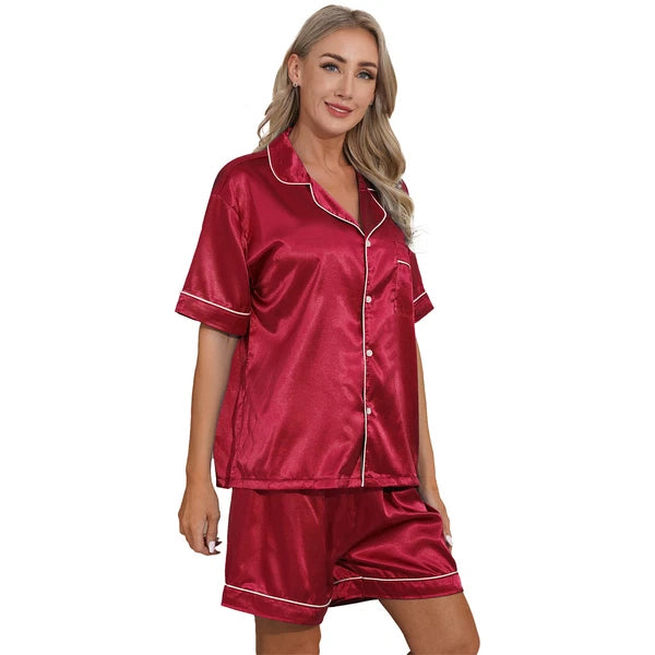 AU Womens Solid Satin Pajamas Set Tops with Shorts 2 Piece Sleepwear Loungewear