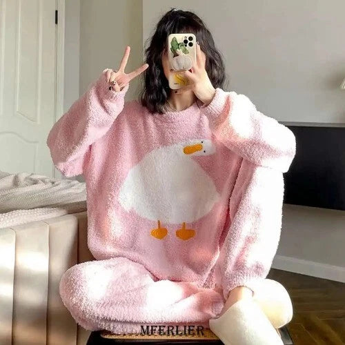 2024 Warm Flannel Pajamas for Women Sweet Velvet Thicken Loose Sleepwear Set