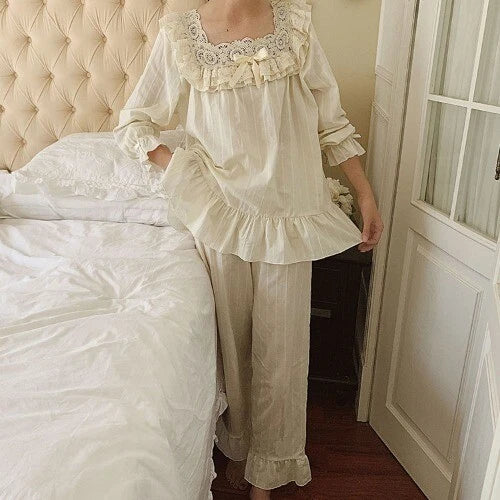 Lolita Flower Embroidery Lace Square Neck Pajama Set  Cotton Grey Pyjamas Set