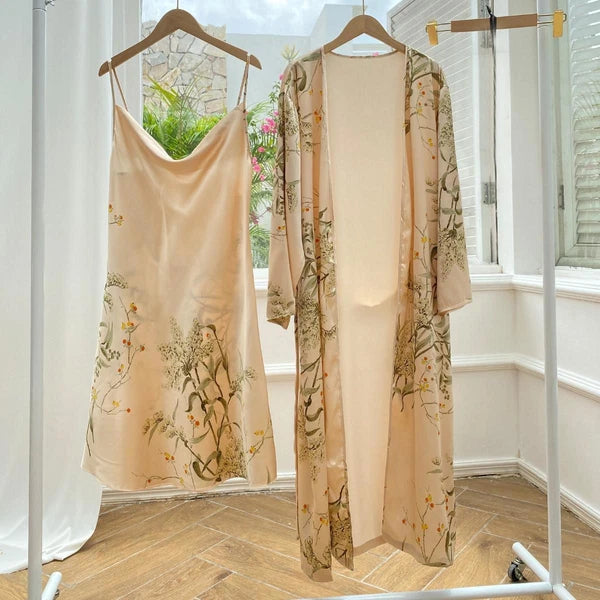 2023 Printed bathrobe pajamas, summer 4-piece set, women's sexy kimono