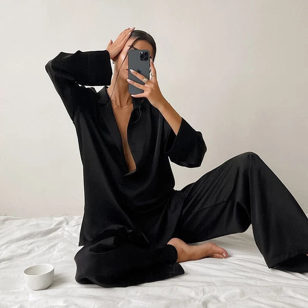 Luxury Women Oversized Silk Satin Sleepwear Sexy Pajamas Set Long Sleeves Pyjama
