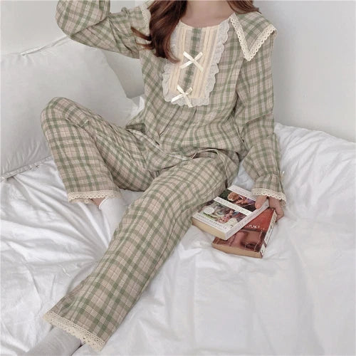 Lolita Princess Pajamas Set Women Loose Lacework Bow Tie Plaid Top Pants 2 Pcs