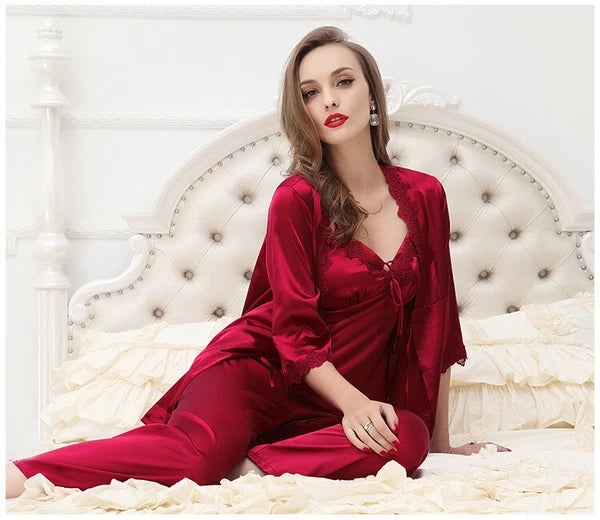luxury silk cloth embroidery Women Sexy Sleepwear nightgown Ladies pajamas set