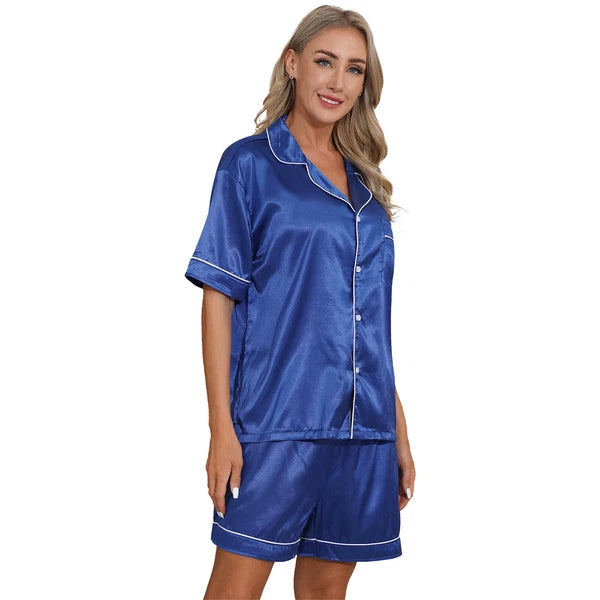 AU Womens Solid Satin Pajamas Set Tops with Shorts 2 Piece Sleepwear Loungewear