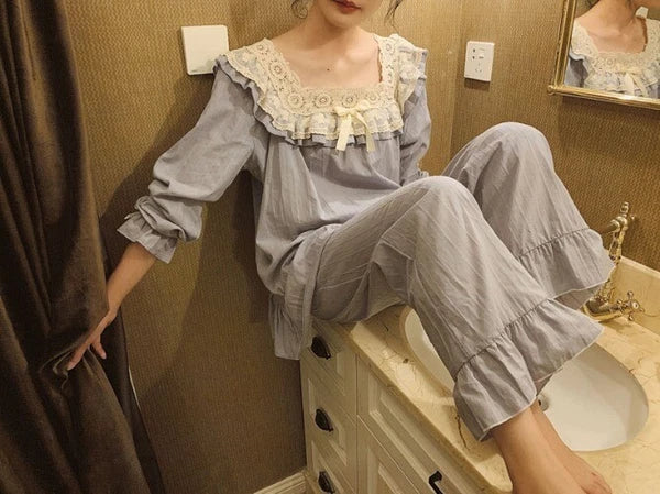 Lolita Flower Embroidery Lace Square Neck Pajama Set  Cotton Grey Pyjamas Set
