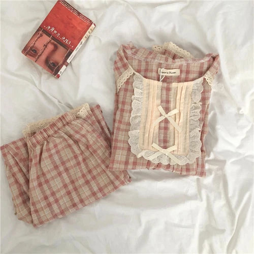 Lolita Princess Pajamas Set Women Loose Lacework Bow Tie Plaid Top Pants 2 Pcs