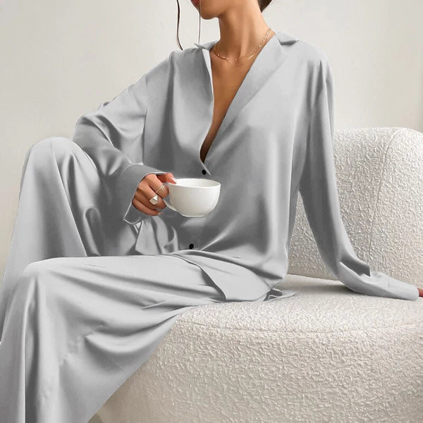 Luxury Women Oversized Silk Satin Sleepwear Sexy Pajamas Set Long Sleeves Pyjama