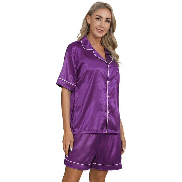 AU Women's Satin Pajamas Short Sleeve Top with Shorts Sleepwear Loungewear Set