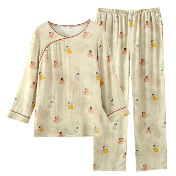 Chinese style Women's Bamboo Fiber Hanfu Summer Long Sleeved Topa & Pants Set