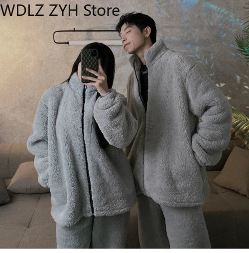 Pajamas Women Coral Fleece Homewear Suit Couple Men Velvet Warm Soft Pajamas Set