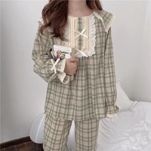 Lolita Princess Pajamas Set Women Loose Lacework Bow Tie Plaid Top Pants 2 Pcs