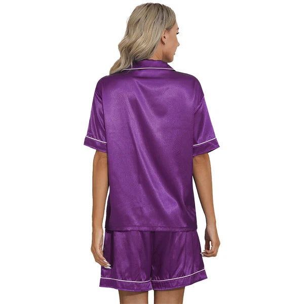AU Women's Satin Pajamas Short Sleeve Top with Shorts Sleepwear Loungewear Set