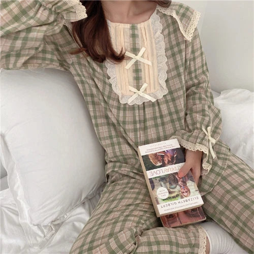 Lolita Princess Pajamas Set Women Loose Lacework Bow Tie Plaid Top Pants 2 Pcs