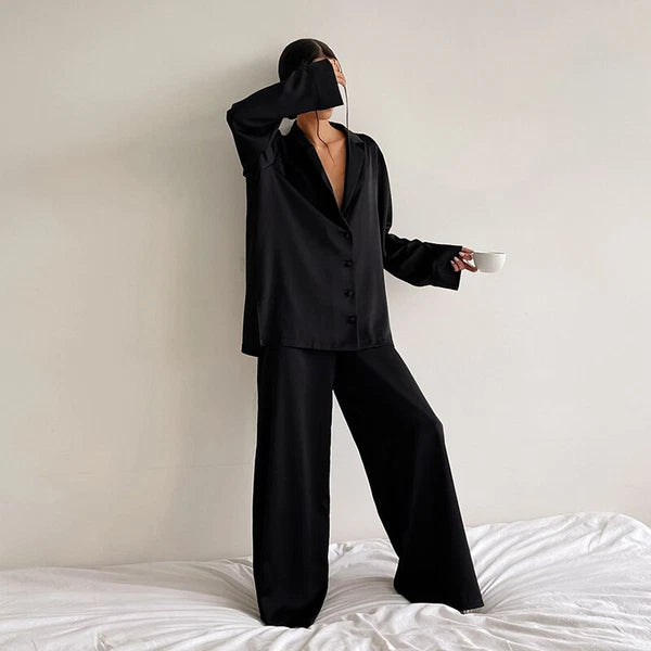 Luxury Women Oversized Silk Satin Sleepwear Sexy Pajamas Set Long Sleeves Pyjama
