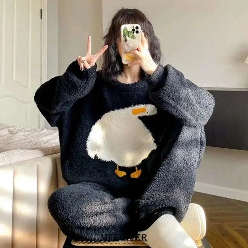 2024 Warm Flannel Pajamas for Women Sweet Velvet Thicken Loose Sleepwear Set