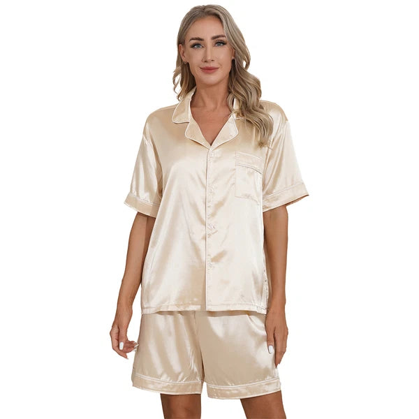 AU Womens Solid Satin Pajamas Set Tops with Shorts 2 Piece Sleepwear Loungewear