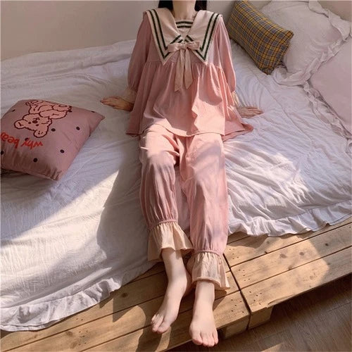 Navy Style Cute Homewear Vintage  Brief Pajamas Nightwear Sweet Chic Casual Sets