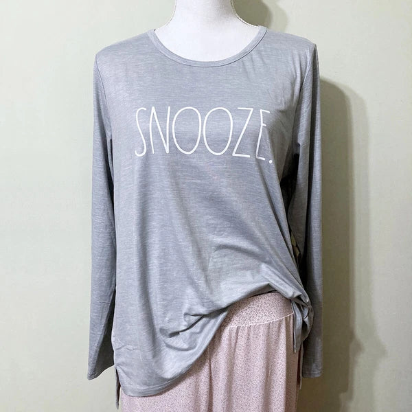 Rae Dunn Pajama Lounge Set SNOOZE Grey Pink Stretch Knit Jogger Pants L/S Top