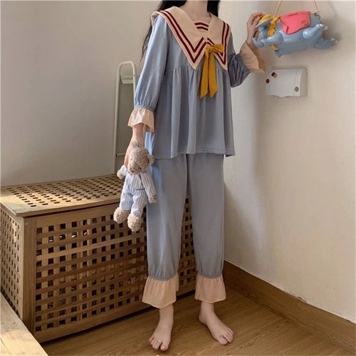 Navy Style Cute Homewear Vintage  Brief Pajamas Nightwear Sweet Chic Casual Sets