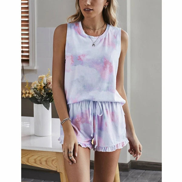 Women Tie Dye Print Summer Pajamas Nightwear Sleepwear Loungewear Tops Short Set