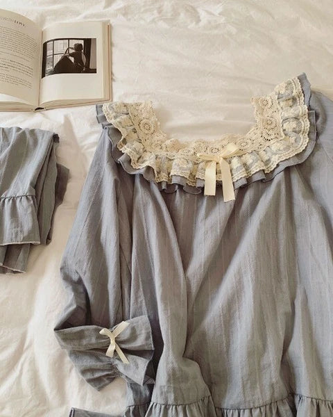Lolita Flower Embroidery Lace Square Neck Pajama Set  Cotton Grey Pyjamas Set