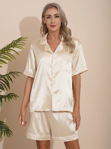 AU Womens Solid Satin Pajamas Set Tops with Shorts 2 Piece Sleepwear Loungewear
