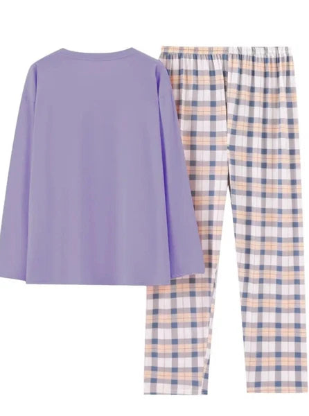Plaid Print Crew Neck Pyjama Set Casual Long Sleeve Long Bottoms