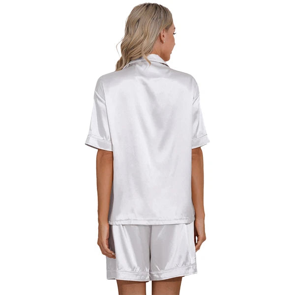 AU Women's Satin Pajamas Short Sleeve Top with Shorts Sleepwear Loungewear Set