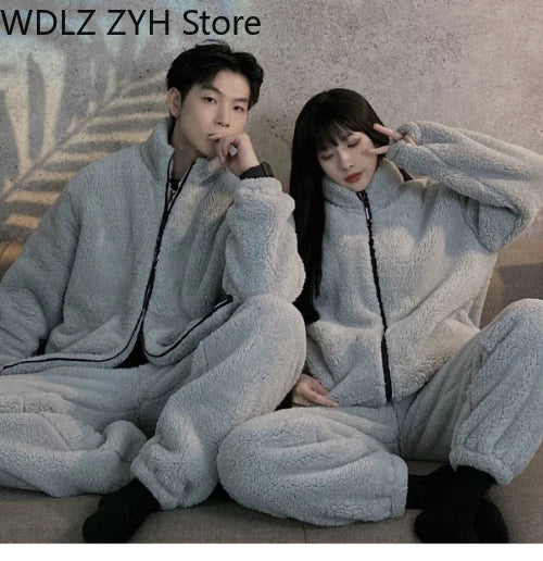 Pajamas Women Coral Fleece Homewear Suit Couple Men Velvet Warm Soft Pajamas Set