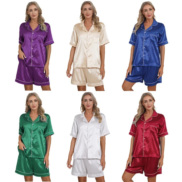 AU Women's Satin Pajamas Short Sleeve Top with Shorts Sleepwear Loungewear Set