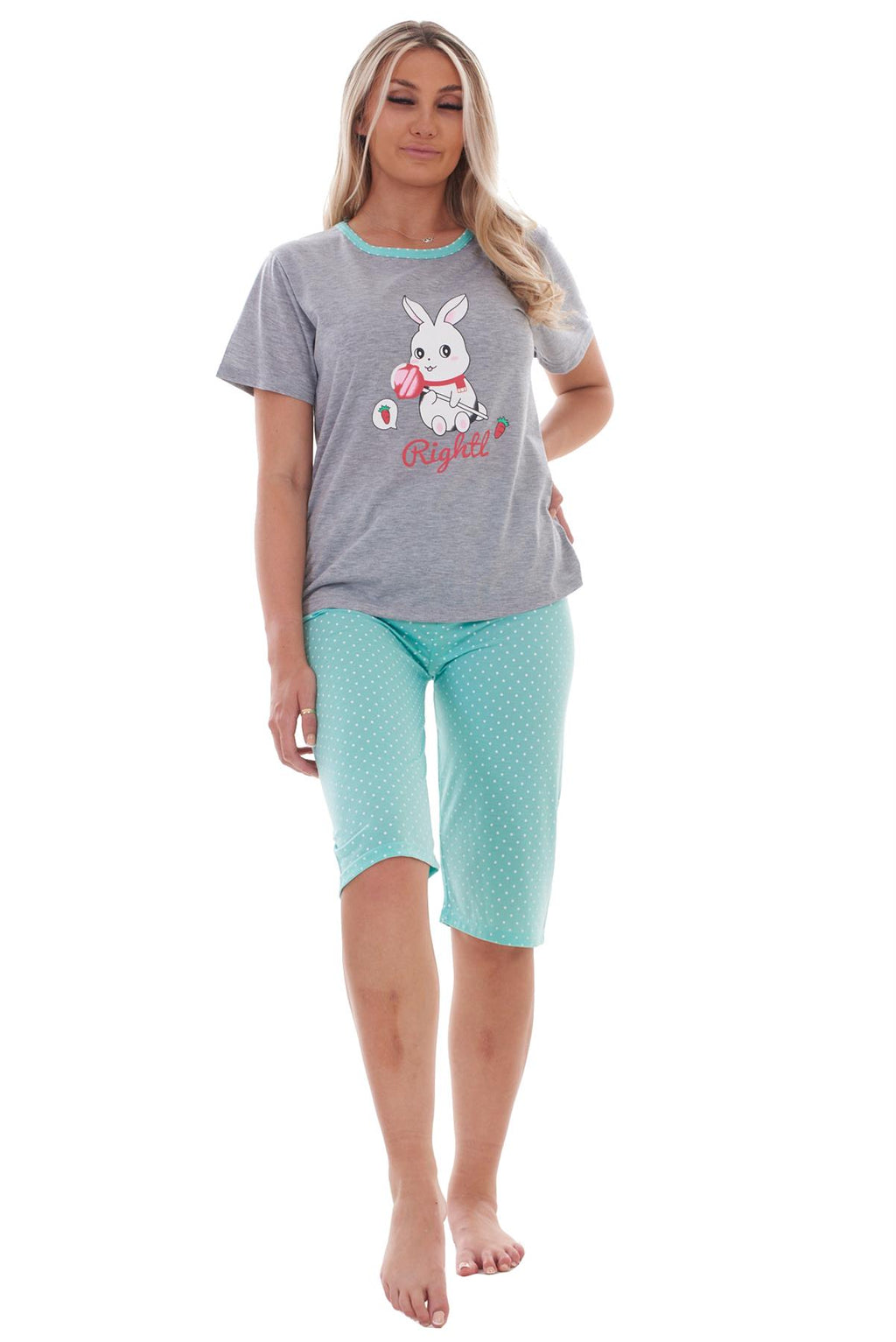 Ladies Cropped Pyjama Set Short Summer Polka Soft Motif Bunny PJs M to XXL