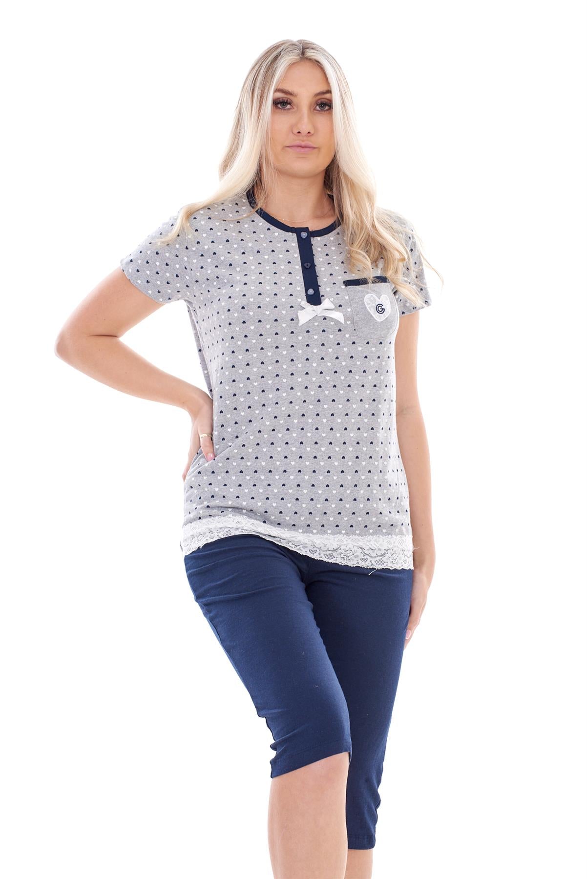 Ladies Capri Pyjama Set 2 Piece Heart Pocket Lace Buttons Bow Cropped Nightwear