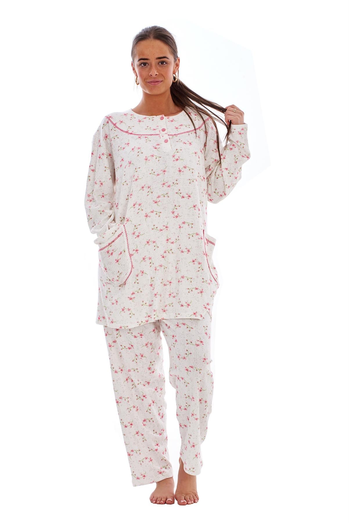 Ladies Winter Pyjama Set Floral Long Sleeve Button Thermal Warm Soft Loungewear